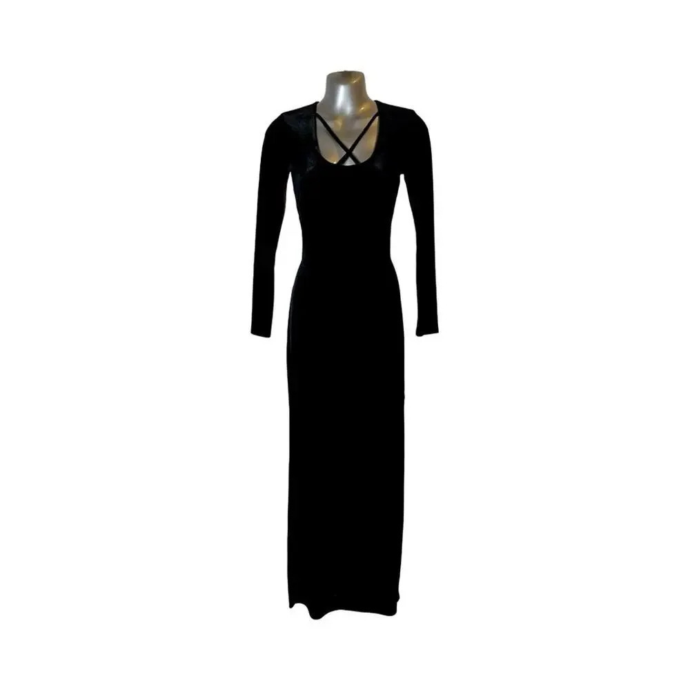 Women’s Black Backless Velvet Floor Length Dress with Slits‎ Size Small